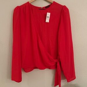 NWT Ann Taylor Wrap Tie Long Sleeve Blouse, Red – Size L